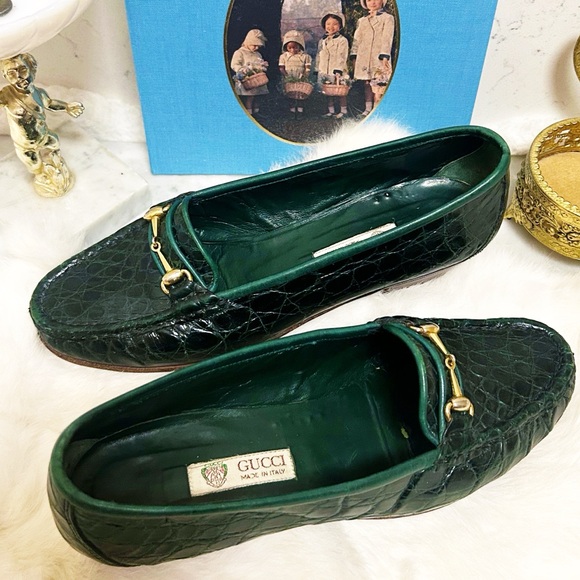 Authentic Gucci RARE 1970’s Vintage Dark Emerald Green Crocodile Leather Loafers - Picture 2 of 13